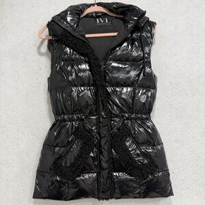 IVL Collective Vest Womens XS Black Hooded Down Puffer Quilted Shiny Mid Length